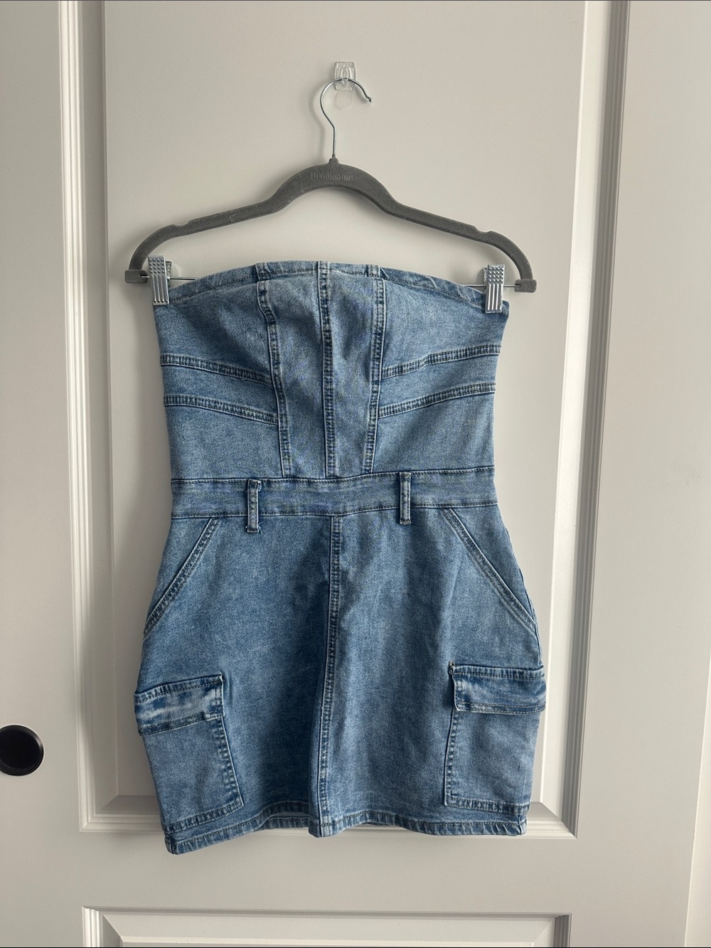 Strapless Light Blue Denim Mini Dress with Utility Pockets